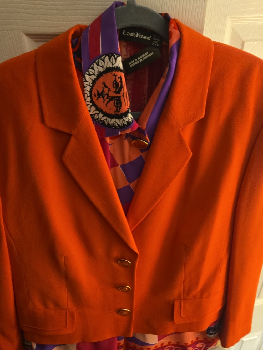 Louis Feraud Vibrant Orange Tailored Blazer with Gold Buttons
